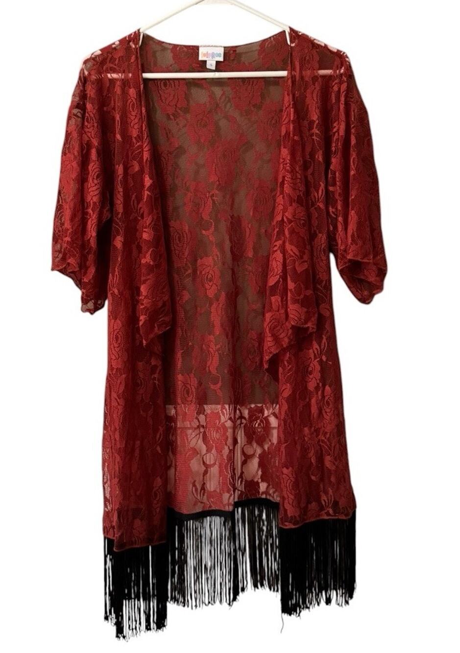 LuLaRoe Women Sz Small Sheer‎ Lightweight Open Front Cardigan Top Fringe Western